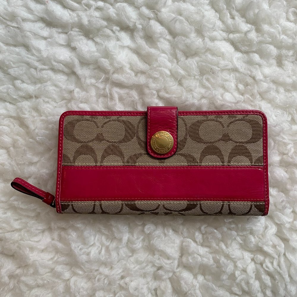 Coach Pink and Tan Accordion Zip Wallet